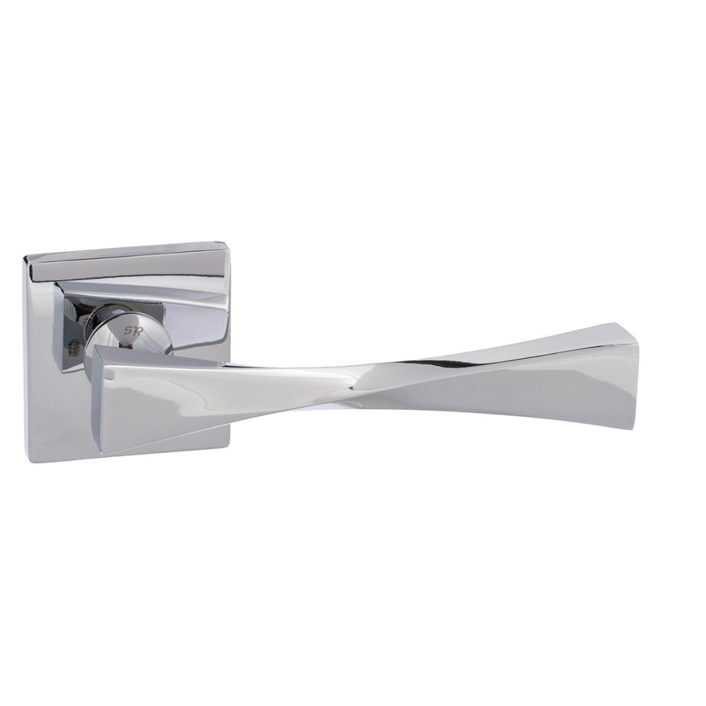 This is an image of Senza Pari Guido Designer Lever on Flush Square Rose - Polished Chrome available to order from T.H Wiggans Architectural Ironmongery in Kendal, quick delivery and discounted prices.