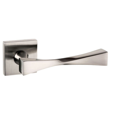 This is an image of Senza Pari Guido Designer Lever on Flush Square Rose - Satin Nickel available to order from T.H Wiggans Architectural Ironmongery in Kendal, quick delivery and discounted prices.