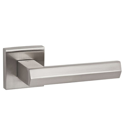 This is an image of Senza Pari Davoli Designer Lever on Flush Square Rose - Satin Nickel available to order from T.H Wiggans Architectural Ironmongery in Kendal, quick delivery and discounted prices.