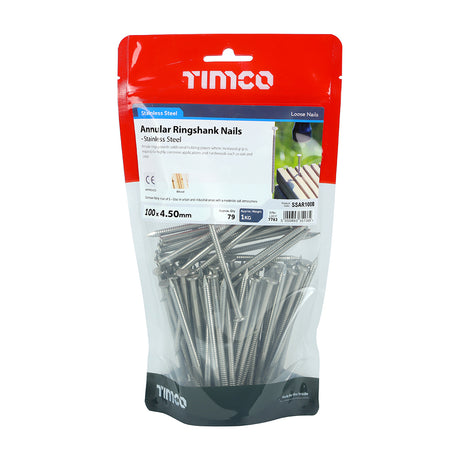 This is an image showing TIMCO Annular Ringshank Nails - Stainless Steel - 100 x 4.50 - 1 Kilograms TIMbag available from T.H Wiggans Ironmongery in Kendal, quick delivery at discounted prices.