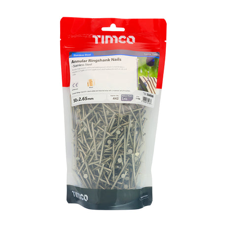 This is an image showing TIMCO Annular Ringshank Nails - Stainless Steel - 50 x 2.65 - 1 Kilograms TIMbag available from T.H Wiggans Ironmongery in Kendal, quick delivery at discounted prices.