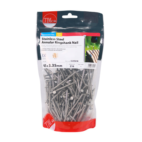 This is an image showing TIMCO Annular Ringshank Nails - Stainless Steel - 65 x 3.35 - 1 Kilograms TIMbag available from T.H Wiggans Ironmongery in Kendal, quick delivery at discounted prices.