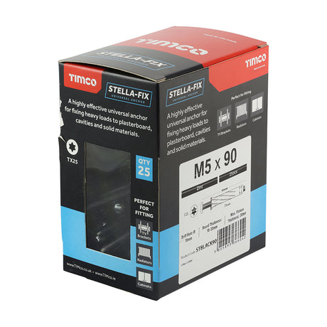 This is an image showing TIMCO Stella Fix Universal Anchors - TX - Pan - Black - M5 x 90 - 25 Pieces Box available from T.H Wiggans Ironmongery in Kendal, quick delivery at discounted prices.