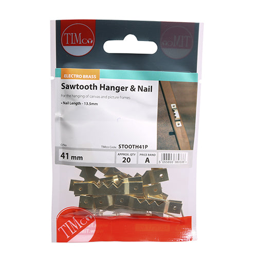 This is an image showing TIMCO Sawtooth Hangers and Nails - Electro Brass - 41mm - 20 Pieces TIMpac available from T.H Wiggans Ironmongery in Kendal, quick delivery at discounted prices.