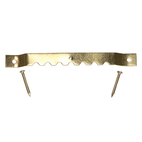 This is an image showing TIMCO Sawtooth Hangers and Nails - Electro Brass - 63mm - 15 Pieces TIMpac available from T.H Wiggans Ironmongery in Kendal, quick delivery at discounted prices.