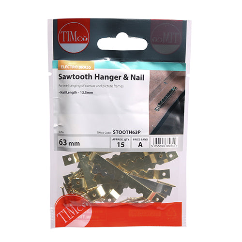 This is an image showing TIMCO Sawtooth Hangers and Nails - Electro Brass - 63mm - 15 Pieces TIMpac available from T.H Wiggans Ironmongery in Kendal, quick delivery at discounted prices.