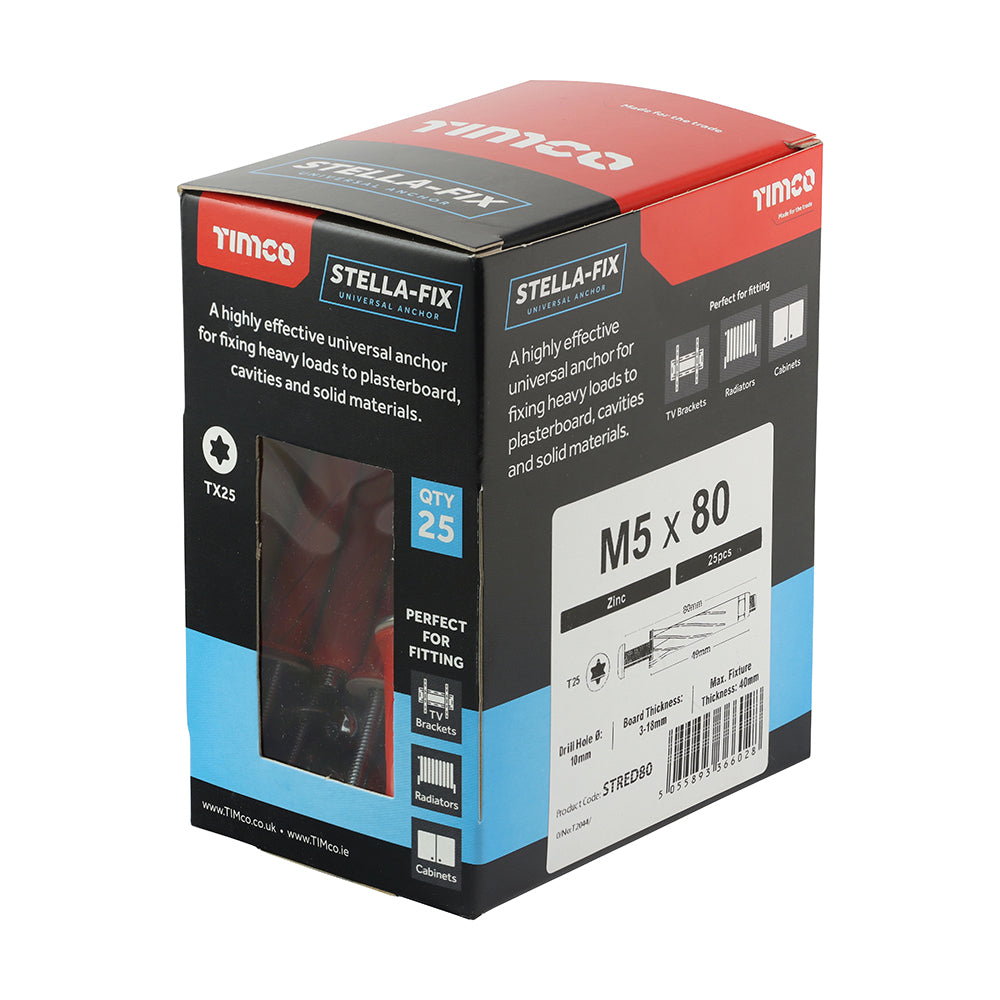 This is an image showing TIMCO Stella Fix Universal Anchors - TX - Pan - Red - M5 x 80 - 25 Pieces Box available from T.H Wiggans Ironmongery in Kendal, quick delivery at discounted prices.