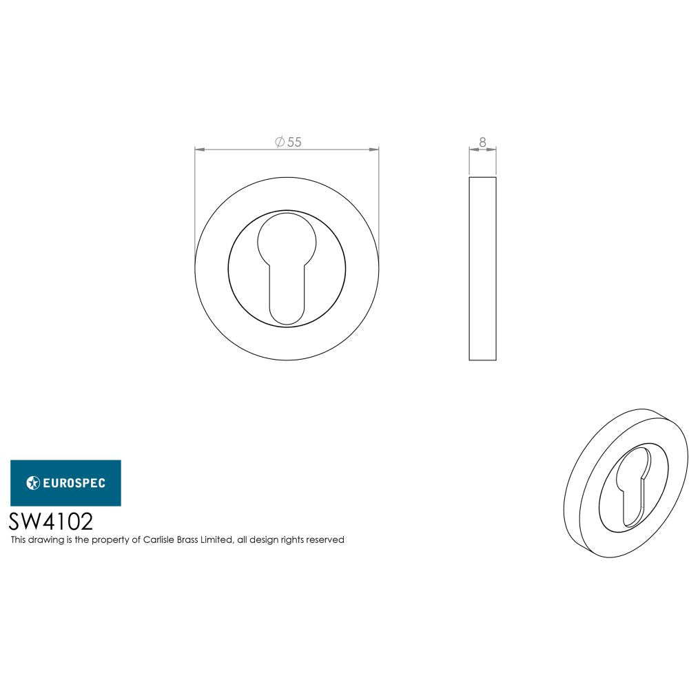 This image is a line drwaing of a Eurospec - Grade 316 Euro Profile Escutcheon - Satin Stainless Steel available to order from Trade Door Handles in Kendal