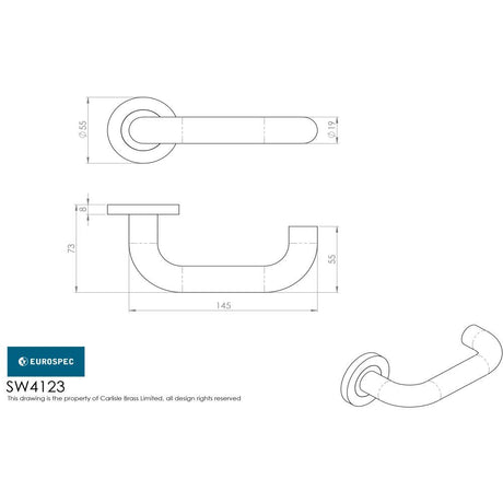 This image is a line drwaing of a Eurospec - 19mm Dia.Grade 4 Return to Door Safety Lever on Round Rose - Satin St available to order from Trade Door Handles in Kendal