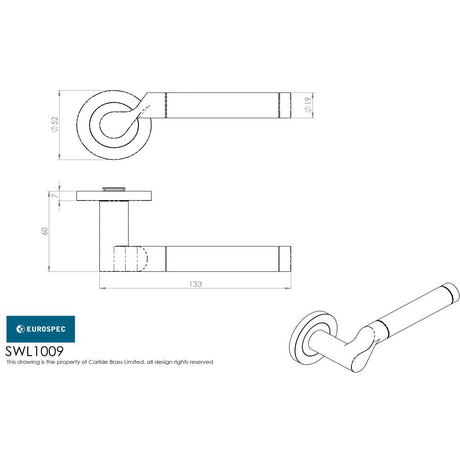 This image is a line drwaing of a Eurospec - Steelworx SWL Lucerna Lever on Rose - Bright/Satin Stainless Steel available to order from Trade Door Handles in Kendal