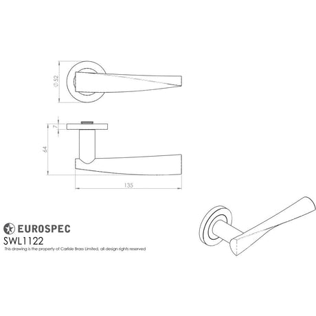 This image is a line drwaing of a Eurospec - Steelworx SWL Brema Lever on Rose - Satin Stainless Steel available to order from Trade Door Handles in Kendal