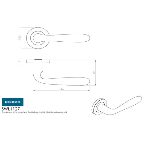 This image is a line drwaing of a Eurospec - Steelworx SWL Peninsula Lever on Rose - Satin Stainless Steel available to order from Trade Door Handles in Kendal