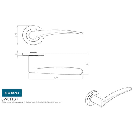This image is a line drwaing of a Eurospec - Steelworx SWL Tirolo Lever on Rose - Satin Stainless Steel available to order from Trade Door Handles in Kendal