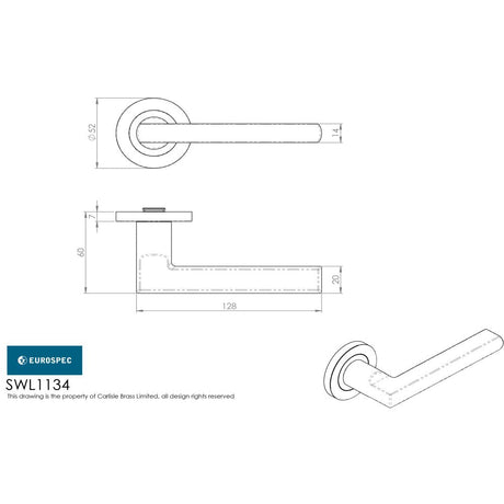 This image is a line drwaing of a Eurospec - Steelworx SWL Carlton Lever on Rose - Satin Stainless Steel available to order from Trade Door Handles in Kendal