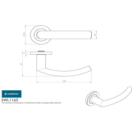 This image is a line drwaing of a Eurospec - Steelworx SWL Scimitar Lever on Rose - Satin Stainless Steel available to order from Trade Door Handles in Kendal