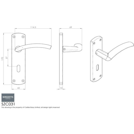 This image is a line drwaing of a Serozzetta - Tres Lever on Lock Backplate - Satin Chrome available to order from Trade Door Handles in Kendal