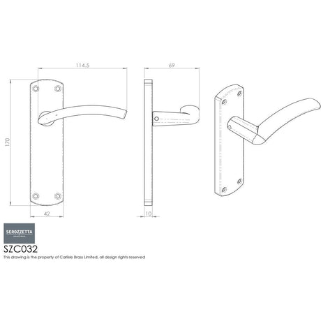 This image is a line drwaing of a Serozzetta - Tres Lever on Latch Backplate - Satin Chrome available to order from Trade Door Handles in Kendal