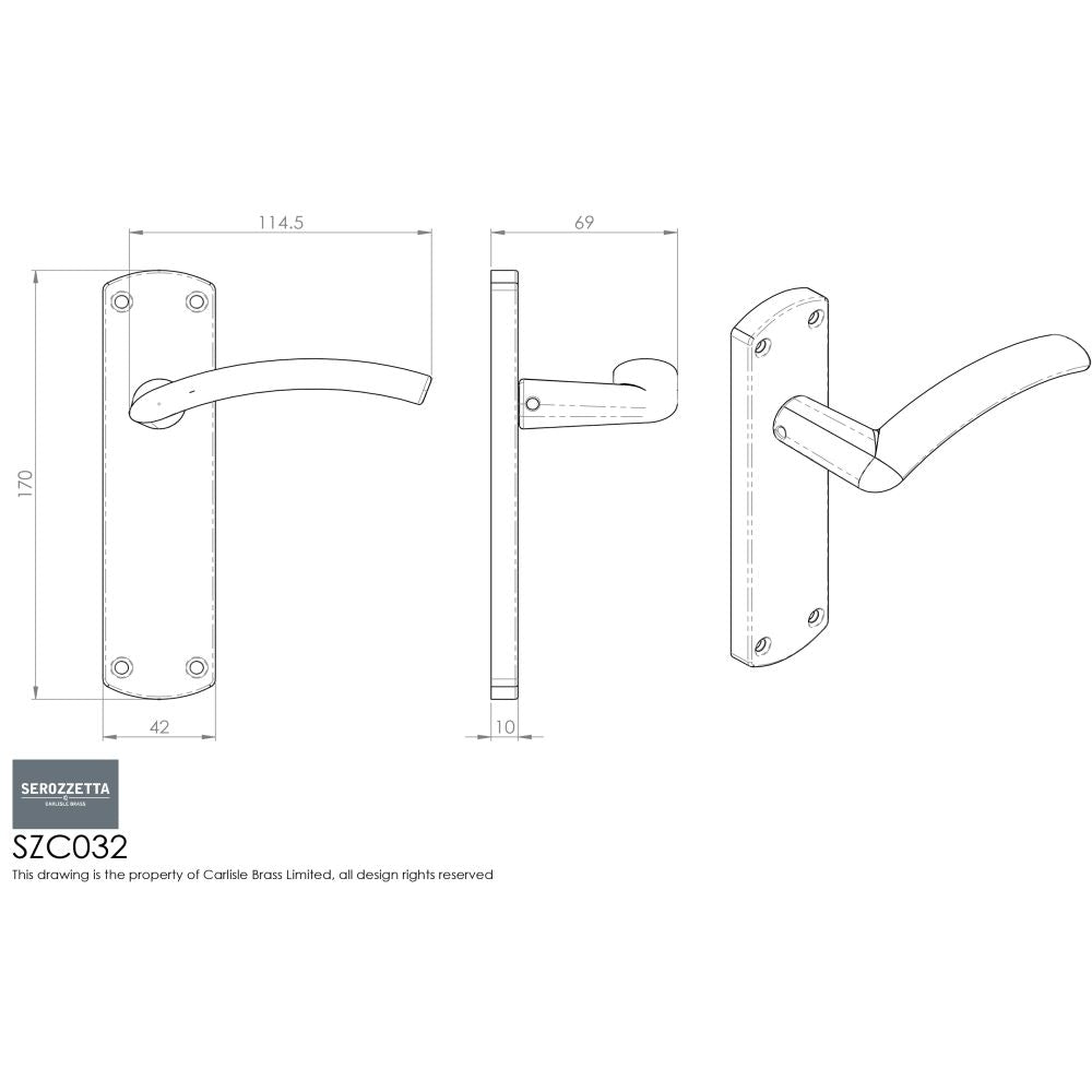 This image is a line drwaing of a Serozzetta - Tres Lever on Latch Backplate - Satin Chrome available to order from Trade Door Handles in Kendal