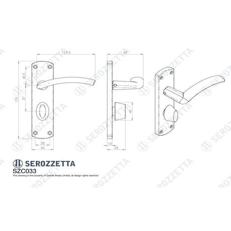 This image is a line drwaing of a Serozzetta - Tres Lever on WC Backplate - Satin Chrome available to order from Trade Door Handles in Kendal