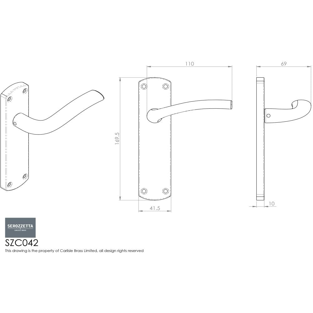 This image is a line drwaing of a Serozzetta - Cuatro Lever on Latch Backplate - Satin Chrome available to order from Trade Door Handles in Kendal