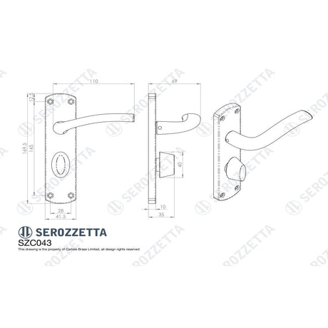This image is a line drwaing of a Serozzetta - Cuatro Lever on WC Backplate - Satin Chrome available to order from Trade Door Handles in Kendal