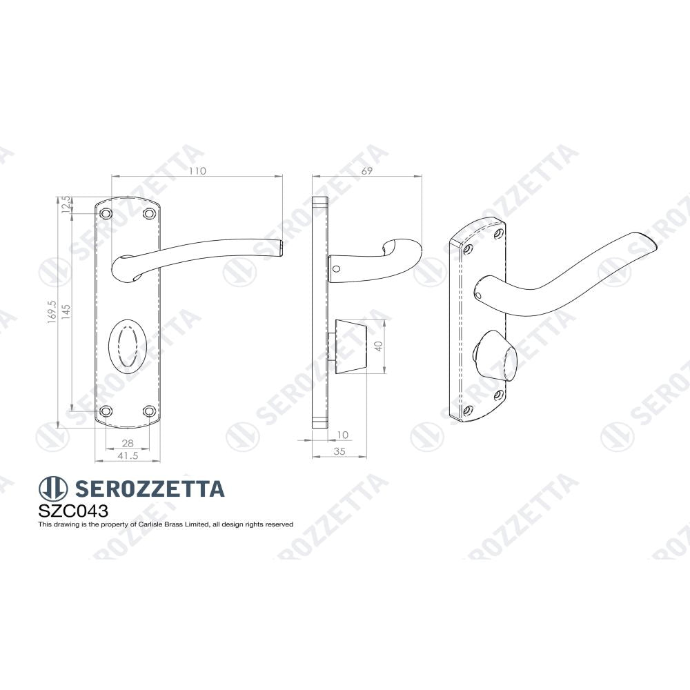 This image is a line drwaing of a Serozzetta - Cuatro Lever on WC Backplate - Polished Chrome available to order from Trade Door Handles in Kendal