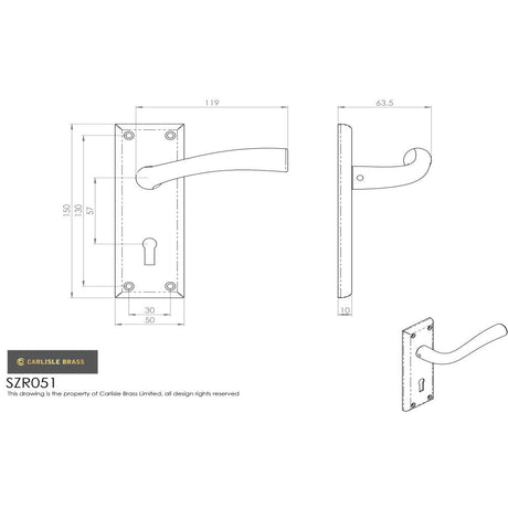 This image is a line drwaing of a Serozzetta - Cinquanta Lever on Lock Backplate - Satin Nickel available to order from Trade Door Handles in Kendal