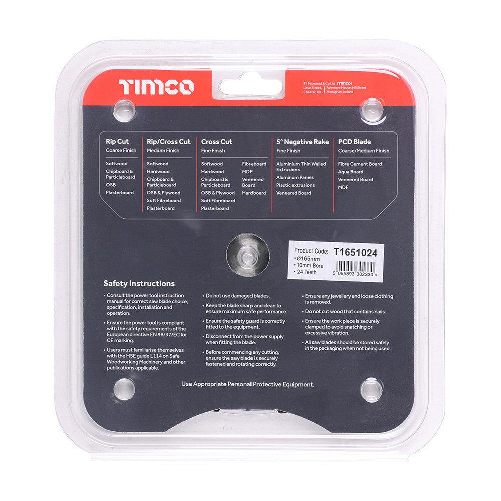 This is an image showing TIMCO Handheld Cordless Circular Saw Blade - 165 x 10 x 24T - 1 Each Clamshell available from T.H Wiggans Ironmongery in Kendal, quick delivery at discounted prices.