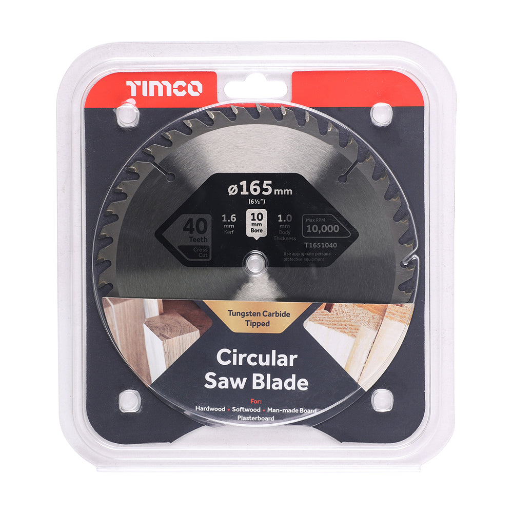 This is an image showing TIMCO Handheld Cordless Circular Saw Blade - 165 x 10 x 40T - 1 Each Clamshell available from T.H Wiggans Ironmongery in Kendal, quick delivery at discounted prices.