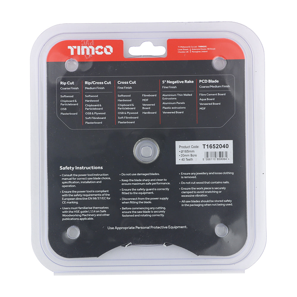 This is an image showing TIMCO Handheld Cordless Circular Saw Blade - 165 x 20 x 40T - 1 Each Clamshell available from T.H Wiggans Ironmongery in Kendal, quick delivery at discounted prices.