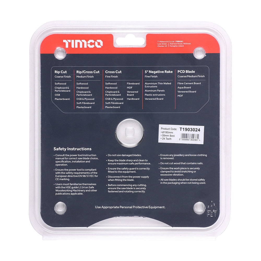 This is an image showing TIMCO Handheld Cordless Circular Saw Blade - 190 x 30 x 24T - 1 Each Clamshell available from T.H Wiggans Ironmongery in Kendal, quick delivery at discounted prices.