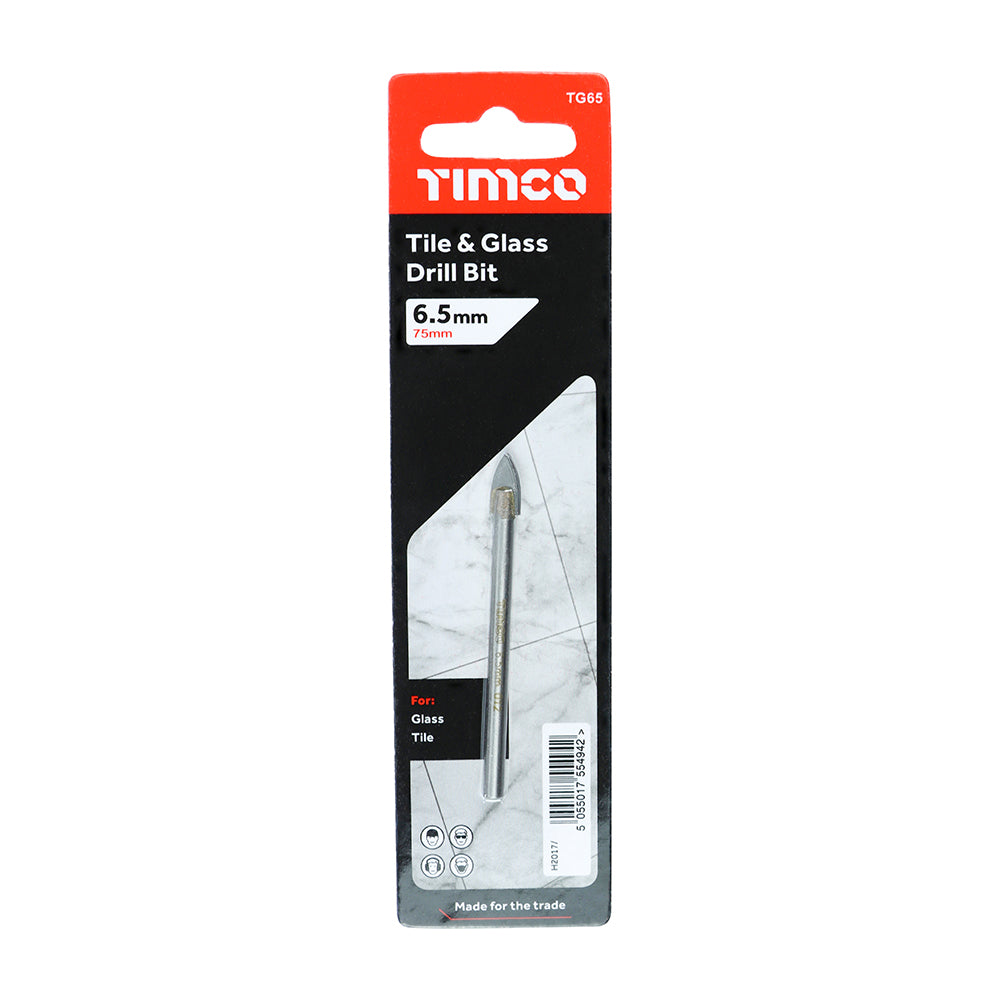 This is an image showing TIMCO TCT Arrow Head Tile & Glass Bit - 6.5mm - 1 Each Blister Pack available from T.H Wiggans Ironmongery in Kendal, quick delivery at discounted prices.