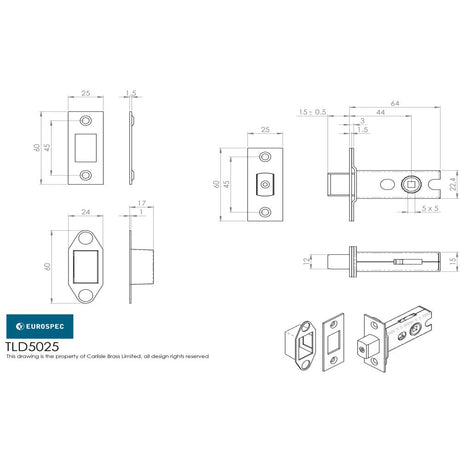 This image is a line drwaing of a Eurospec - Tubular Dead Bolt 64mm - Electro Brassed/Satin Stainless Steel available to order from T.H Wiggans Architectural Ironmongery in Kendal