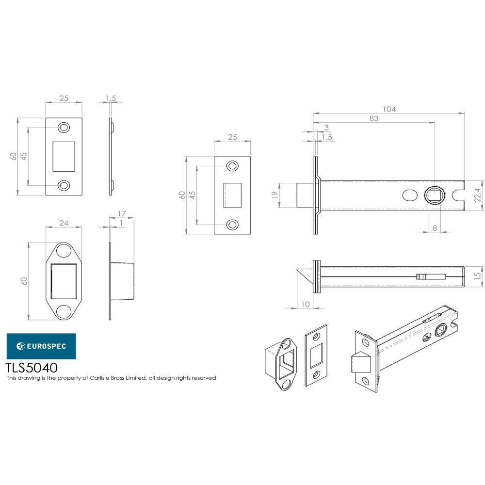This image is a line drwaing of a Eurospec - Heavy Sprung Tubular Latch 102mm - Electro Brassed/Satin Stainless St available to order from T.H Wiggans Architectural Ironmongery in Kendal