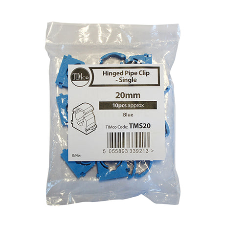 This is an image showing TIMCO MDPE Pipe Clips - Hinged - Single - 20mm - 10 Pieces Bag available from T.H Wiggans Ironmongery in Kendal, quick delivery at discounted prices.