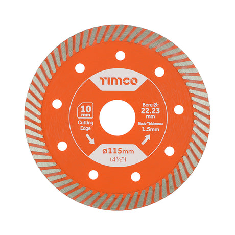 This is an image showing TIMCO Premium Tile & Ceramic Diamond Blade - Thin Turbo  - 115 x 22.2 - 1 Each Box available from T.H Wiggans Ironmongery in Kendal, quick delivery at discounted prices.