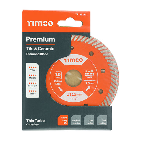 This is an image showing TIMCO Premium Tile & Ceramic Diamond Blade - Thin Turbo  - 115 x 22.2 - 1 Each Box available from T.H Wiggans Ironmongery in Kendal, quick delivery at discounted prices.