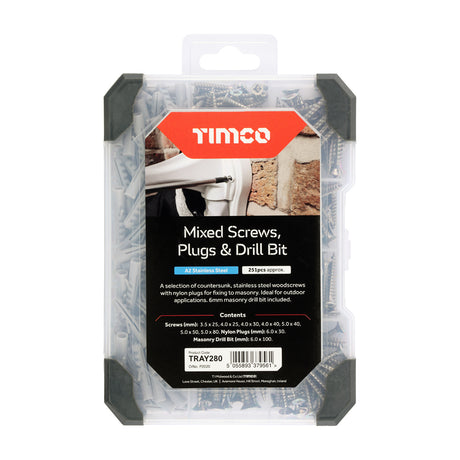 This is an image showing TIMCO Mixed Tray - Screws Plug & Drill Bit – A2 Stainless Steel - 251pcs - 251 Pieces Tray available from T.H Wiggans Ironmongery in Kendal, quick delivery at discounted prices.