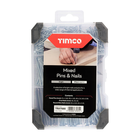 This is an image showing TIMCO Mixed Tray - Pins & Nails - Bright - 495pcs - 495 Pieces Tray available from T.H Wiggans Ironmongery in Kendal, quick delivery at discounted prices.