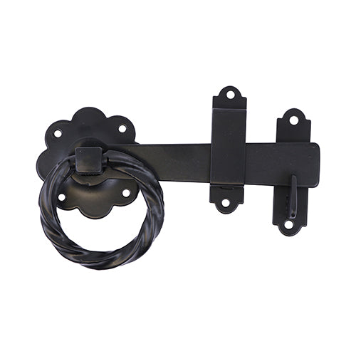 This is an image showing TIMCO Ring Gate Latch - Twisted - Black - 6" - 1 Each TIMbag available from T.H Wiggans Ironmongery in Kendal, quick delivery at discounted prices.