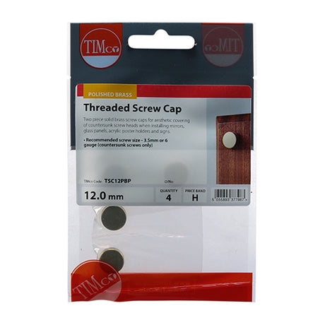 This is an image showing TIMCO Threaded Screw Caps - Solid Brass - Polished Brass - 12mm - 4 Pieces TIMpac available from T.H Wiggans Ironmongery in Kendal, quick delivery at discounted prices.