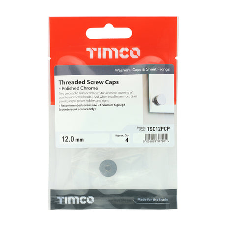 This is an image showing TIMCO Threaded Screw Caps - Solid Brass - Polished Chrome - 12mm - 4 Pieces TIMpac available from T.H Wiggans Ironmongery in Kendal, quick delivery at discounted prices.