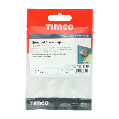 This is an image showing TIMCO Threaded Screw Caps - Solid Brass - Satin - 12mm - 4 Pieces TIMpac available from T.H Wiggans Ironmongery in Kendal, quick delivery at discounted prices.