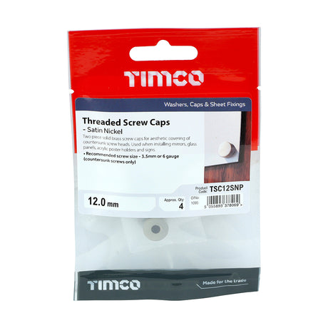 This is an image showing TIMCO Threaded Screw Caps - Solid Brass - Satin Nickel - 12mm - 4 Pieces TIMpac available from T.H Wiggans Ironmongery in Kendal, quick delivery at discounted prices.