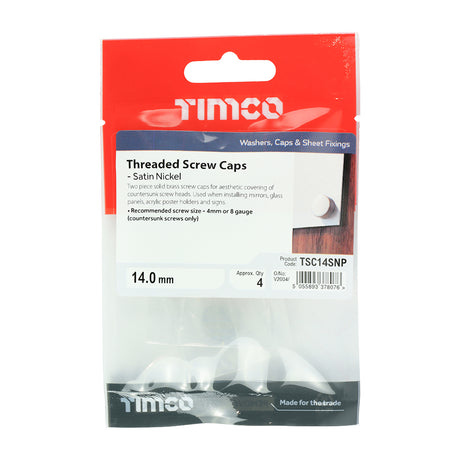 This is an image showing TIMCO Threaded Screw Caps - Solid Brass - Satin Nickel - 14mm - 4 Pieces TIMpac available from T.H Wiggans Ironmongery in Kendal, quick delivery at discounted prices.