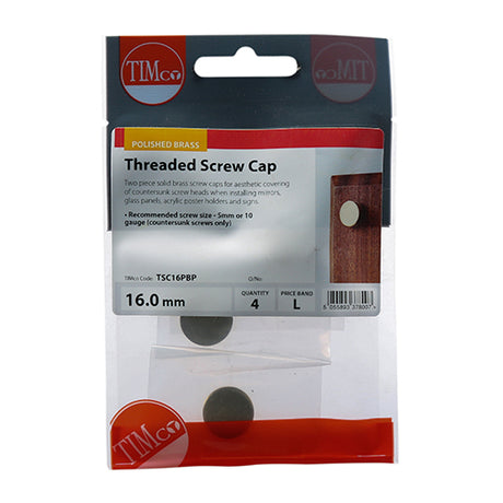 This is an image showing TIMCO Threaded Screw Caps - Solid Brass - Polished Brass - 16mm - 4 Pieces TIMpac available from T.H Wiggans Ironmongery in Kendal, quick delivery at discounted prices.