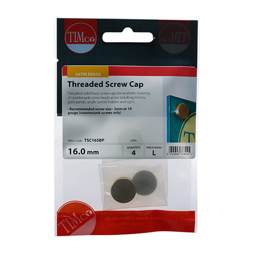 This is an image showing TIMCO Threaded Screw Caps - Solid Brass - Satin - 16mm - 4 Pieces TIMpac available from T.H Wiggans Ironmongery in Kendal, quick delivery at discounted prices.