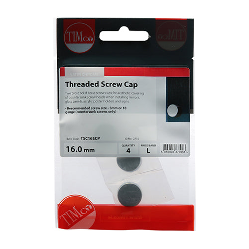 This is an image showing TIMCO Threaded Screw Caps - Solid Brass - Satin Chrome - 16mm - 4 Pieces TIMpac available from T.H Wiggans Ironmongery in Kendal, quick delivery at discounted prices.