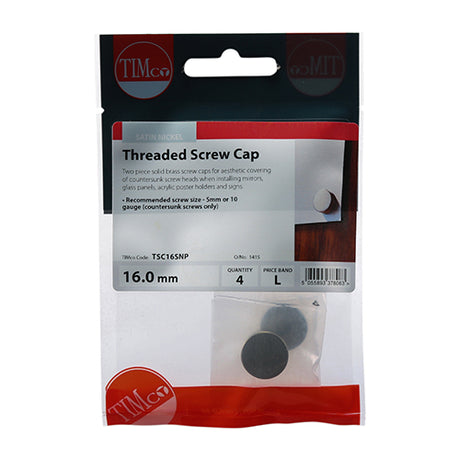 This is an image showing TIMCO Threaded Screw Caps - Solid Brass - Satin Nickel - 16mm - 4 Pieces TIMpac available from T.H Wiggans Ironmongery in Kendal, quick delivery at discounted prices.