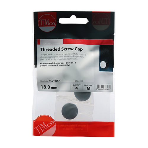 This is an image showing TIMCO Threaded Screw Caps - Solid Brass - Satin Chrome - 18mm - 4 Pieces TIMpac available from T.H Wiggans Ironmongery in Kendal, quick delivery at discounted prices.